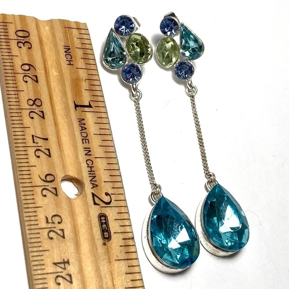 Earrings Dangles Drops Blue Rhinestones Silver Tone Long - Picture 3 of 11